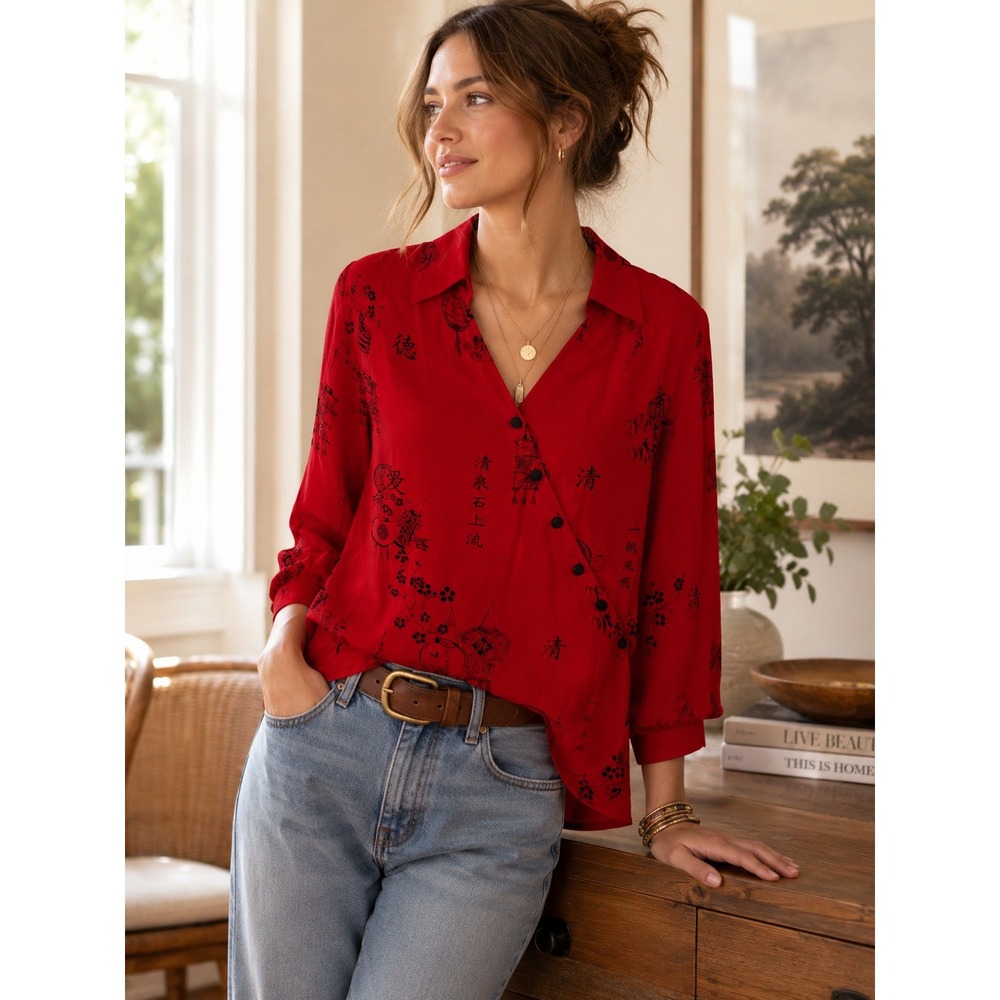 Soft Surroundings Blouse Womens Large Red Asian Print Button Wrap Top Boho